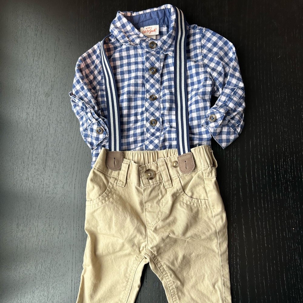 Cat & Jack 0-3 month Baby Boy Suspender button up Easter Wedding Outfit